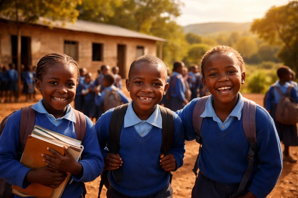 School children in Kenya smiling, representing our education and community support initiatives